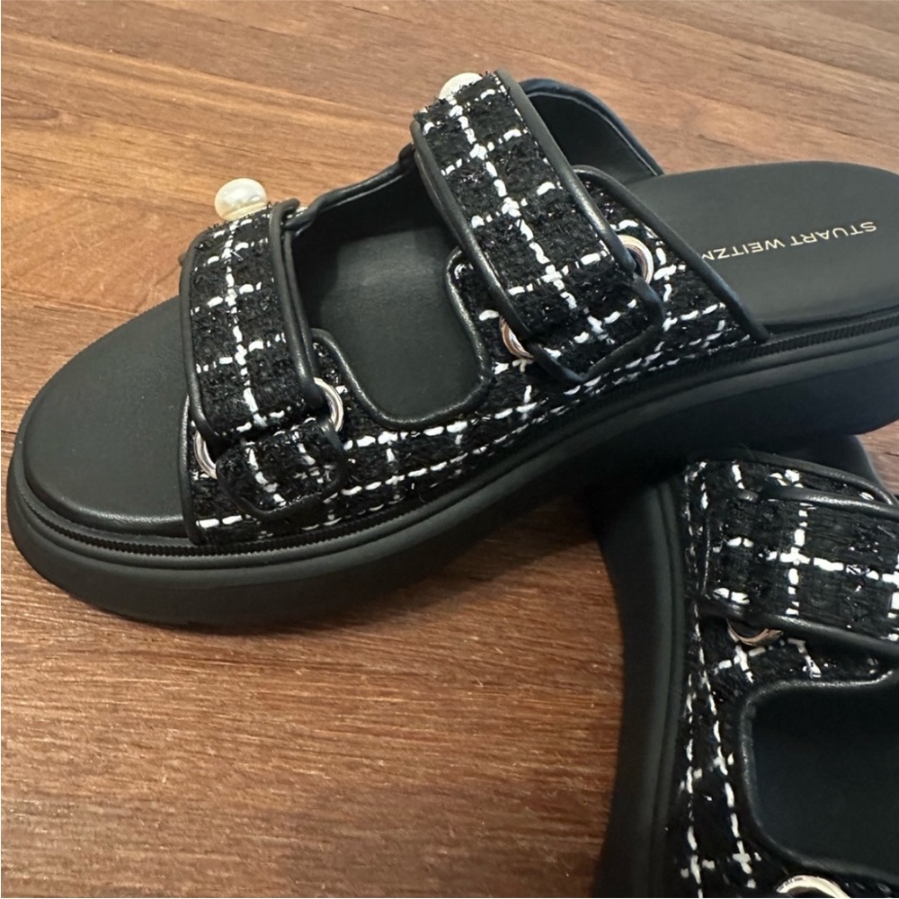 Stuart Weitzman Tweed Pearl Platform Slide Sandals Black White Size 7.5 NIB - Picture 8 of 11